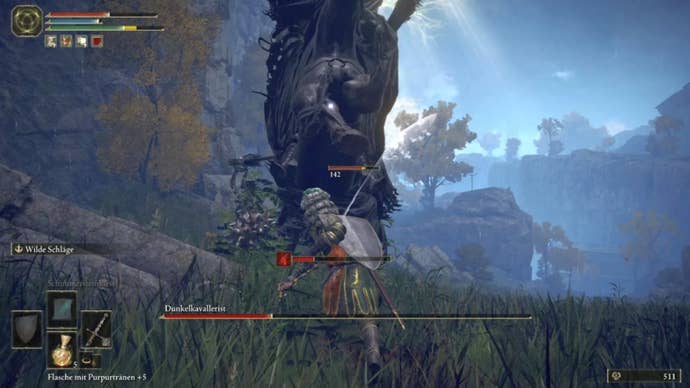 elden ring player facing night’s cavalry enemy with low health bar