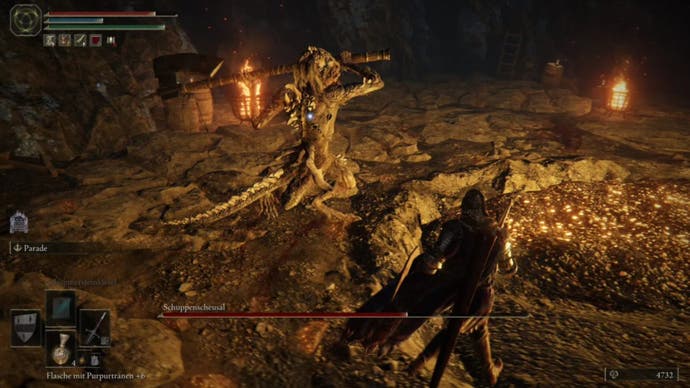 elden ring player facing scaly misbegotten in morne tunnel