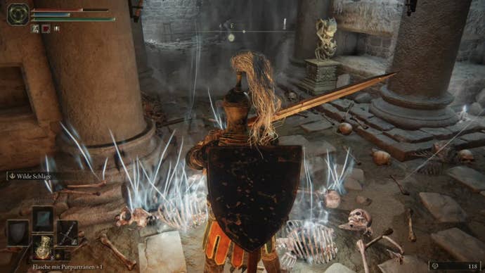 elden ring player facing skeleton remains in black knife catacombs