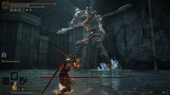 elden ring player facing standing guardian golem in highroad cave