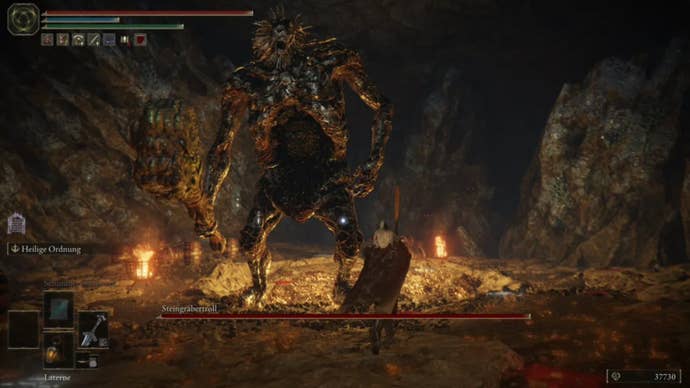 elden ring player facing stonedigger troll in old altus tunnels