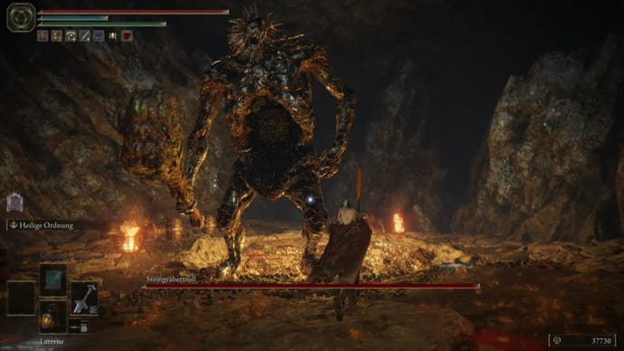 elden ring player facing stonedigger troll in old altus tunnels