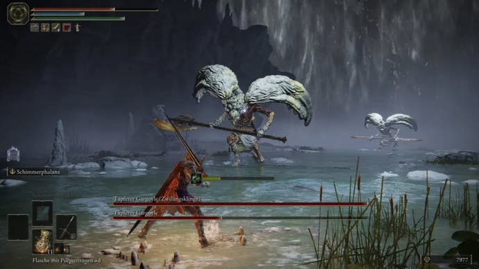 elden ring player facing two gargoyles