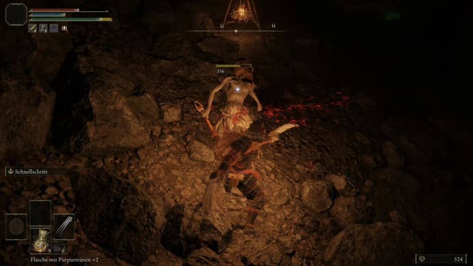 elden ring player fighting demi-human chief in lakeside crystal cave