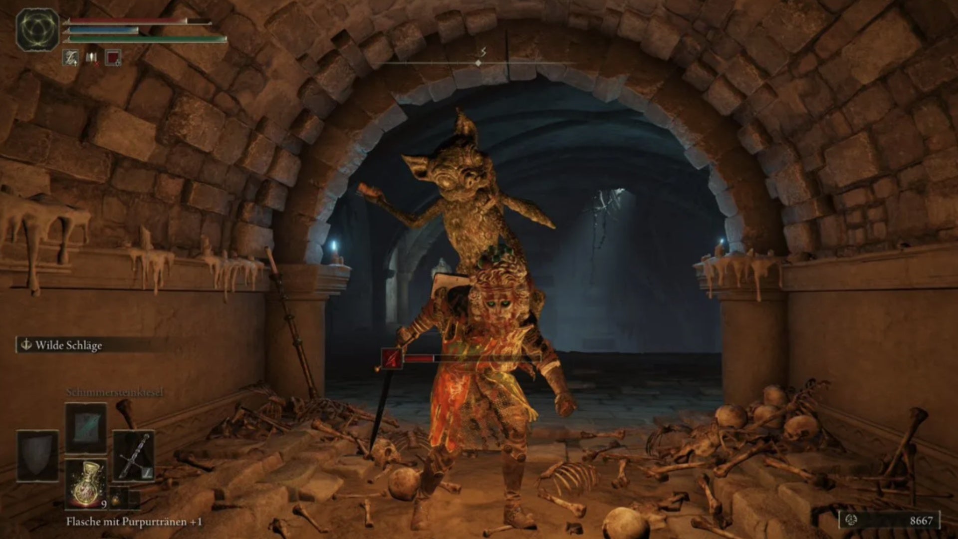 elden ring player fighting enemy in roads end catacombs