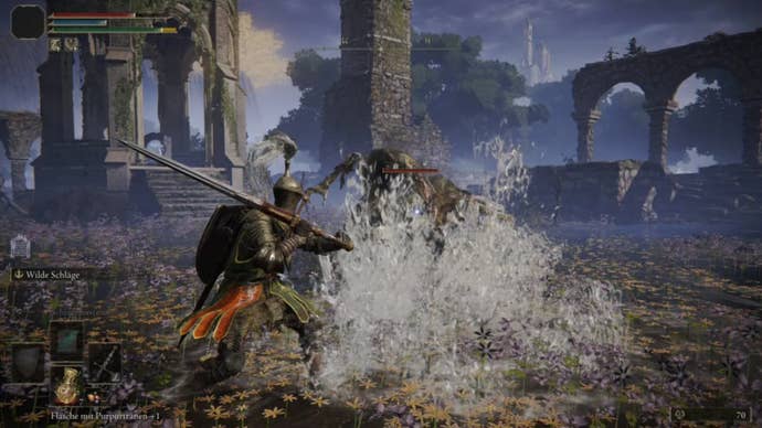 elden ring player fighting giant spider laskyar ruins