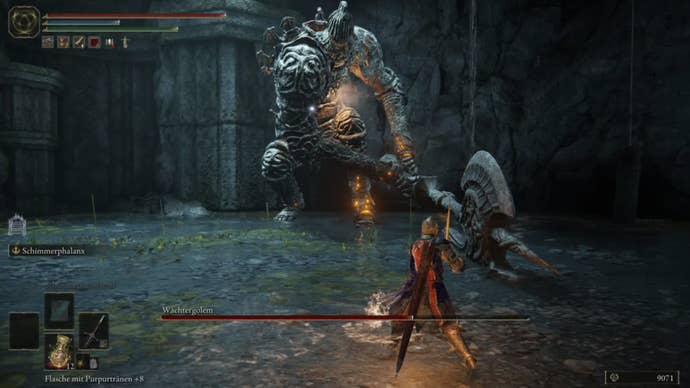 elden ring player fighting highroad cave guardian golem boss