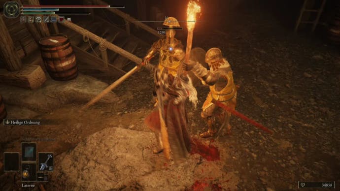 elden ring player fighting leyndell knight in old altus tunnel