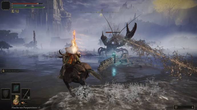 elden ring player fighting lobster enemy near laskyar ruins
