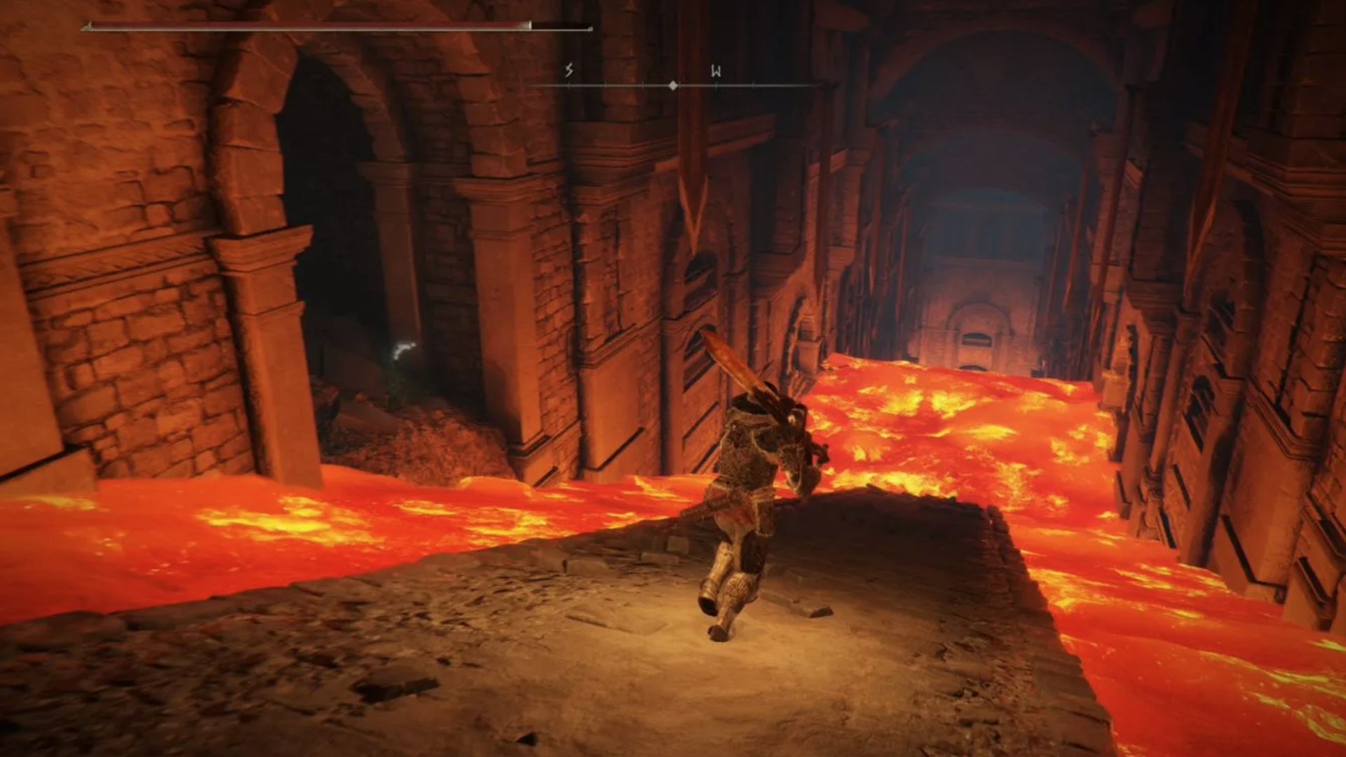 elden ring player going down ramp in gelmir hero&rsquo;s grave on top of lava river