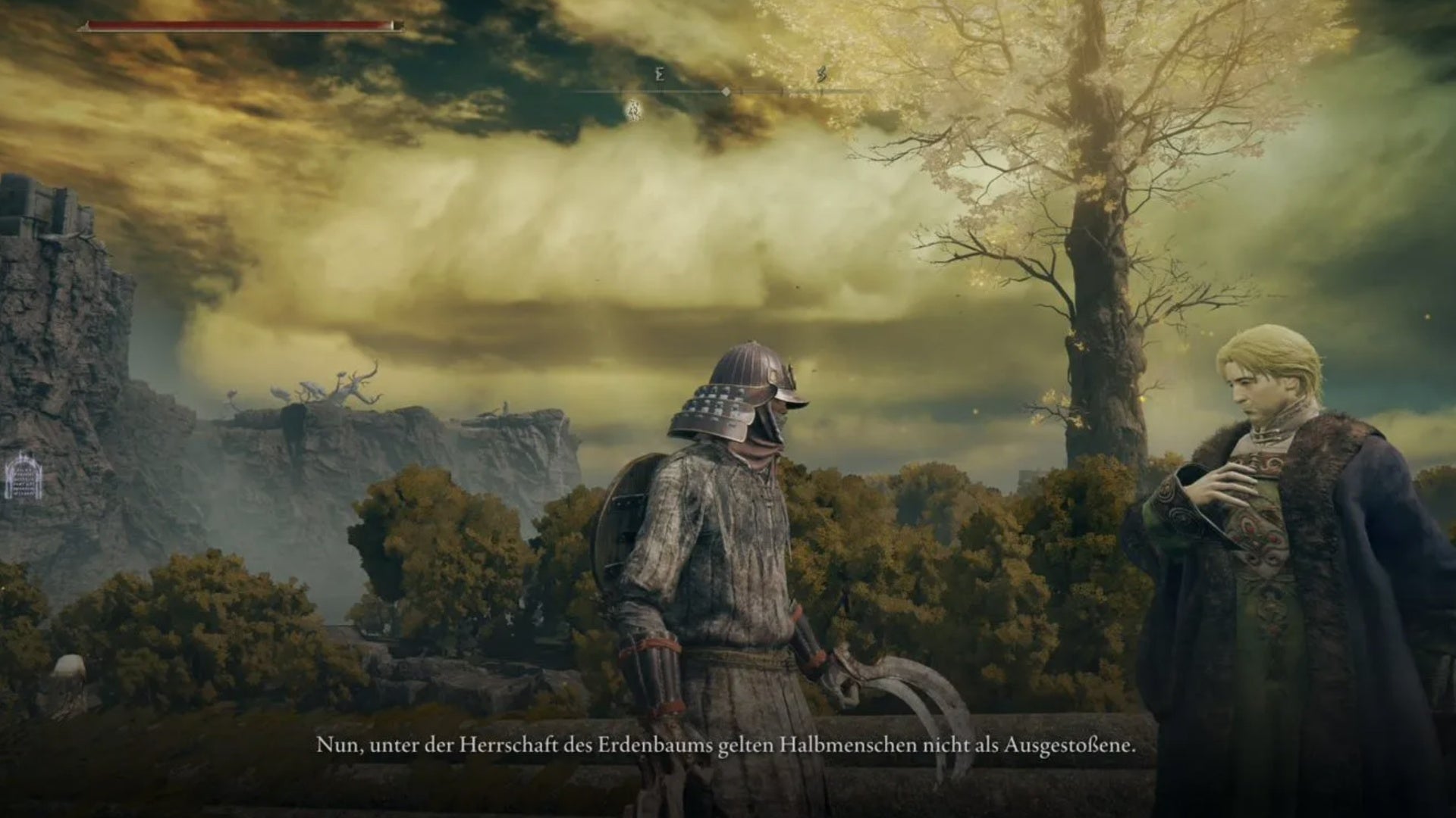 elden ring player in knight&rsquo;s clothes speaking to kenneth haight on the right