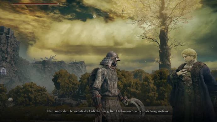 elden ring player in knight’s clothes speaking to kenneth haight on the right