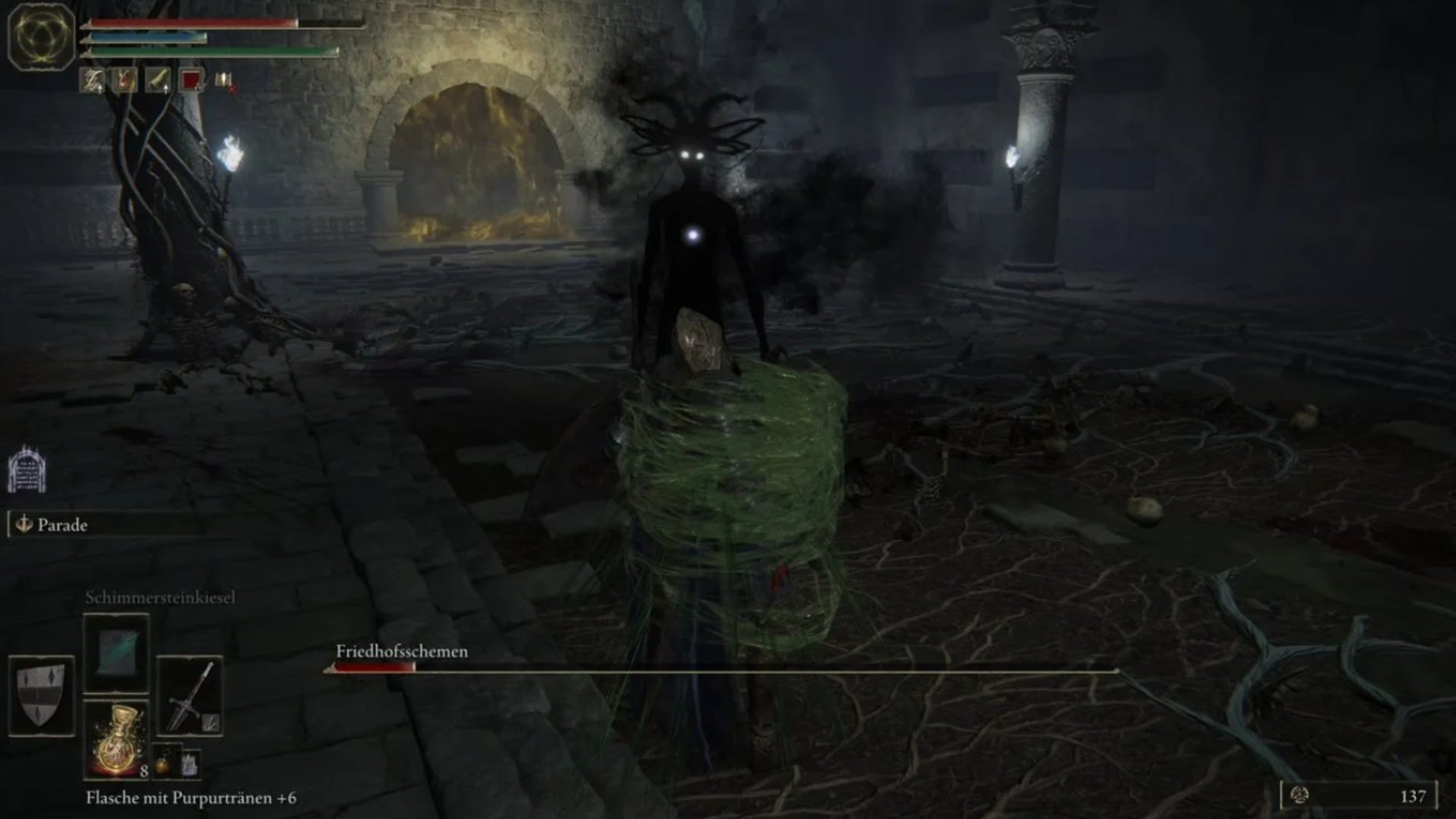 elden ring player in spit trap by cemetery shade in tombsward catacombs