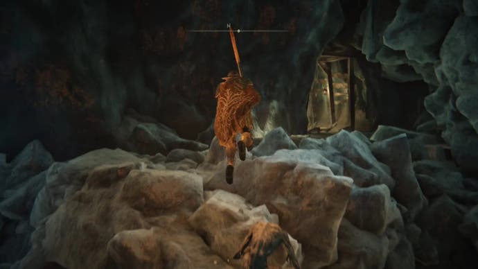 elden ring player jumping ledge in yelough anix tunnel