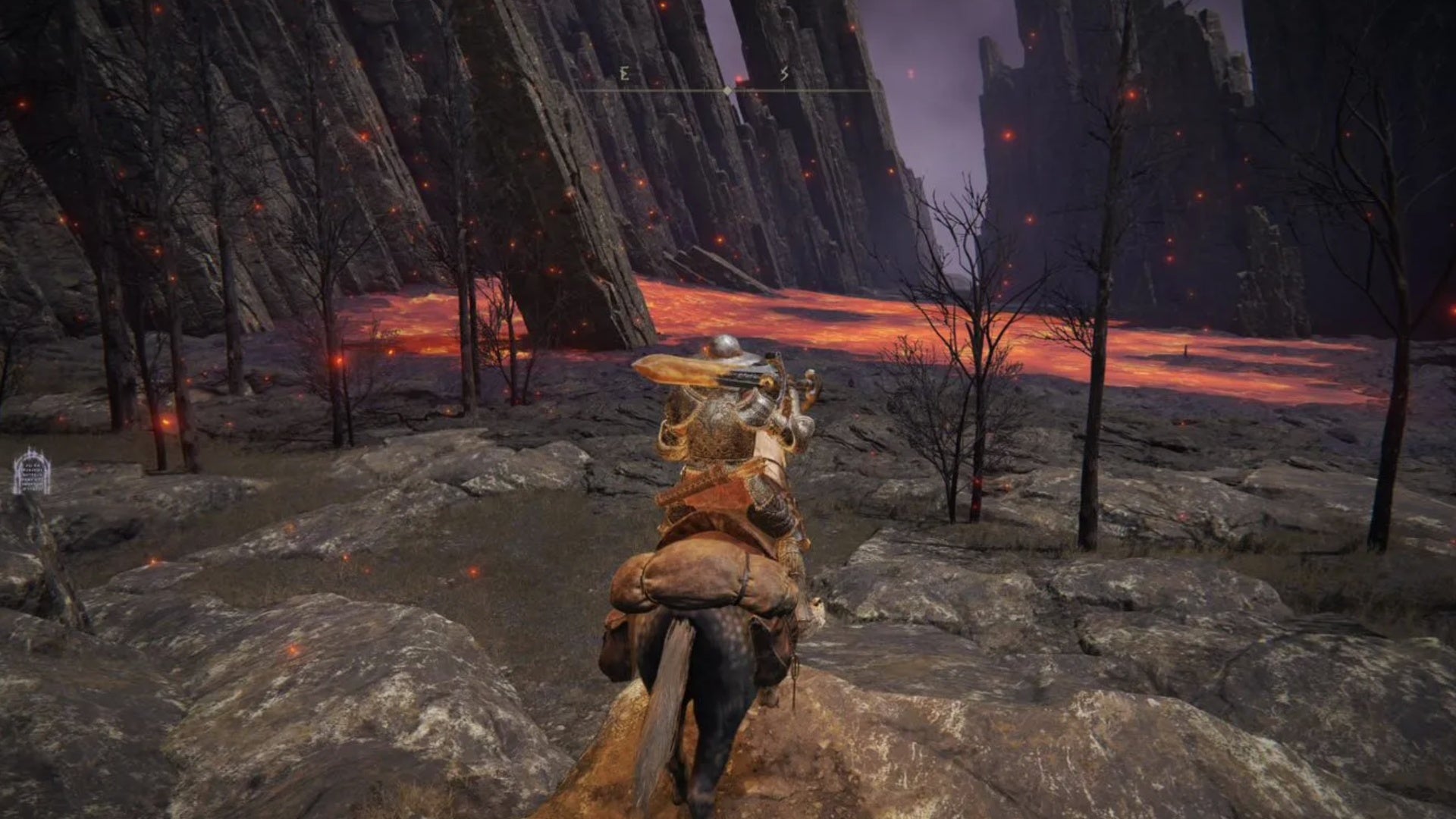 elden ring player on horse facing fort laiedd lava field