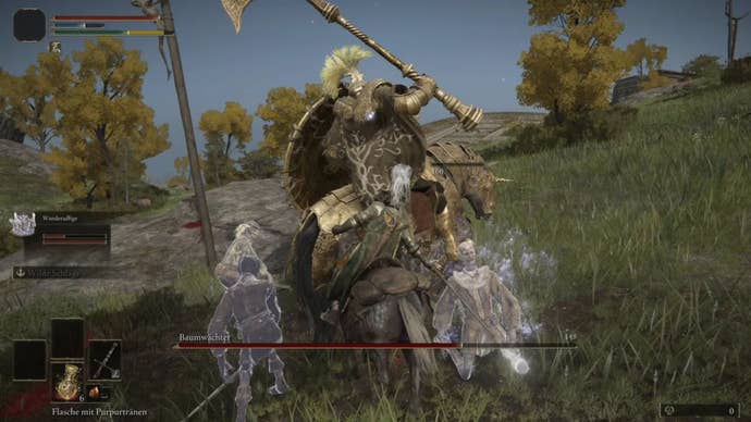 elden ring player on horseback chasing tree sentinel