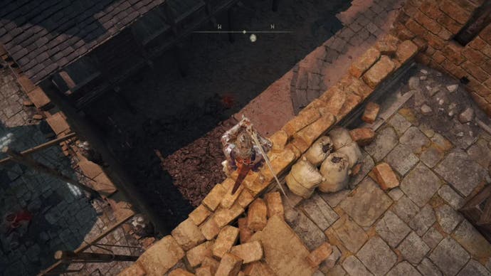 elden ring player on ledge looking down at courtyard in redmane castle