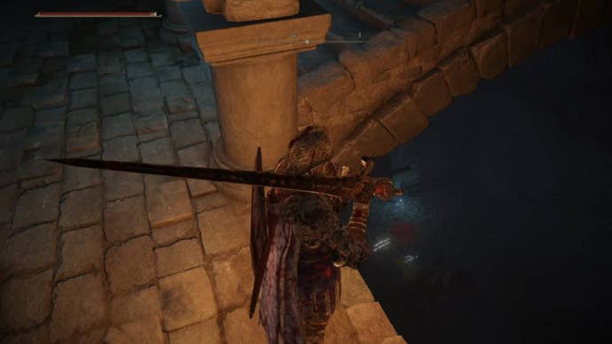 elden ring player on ledge looking down in cliffbottom catacombs