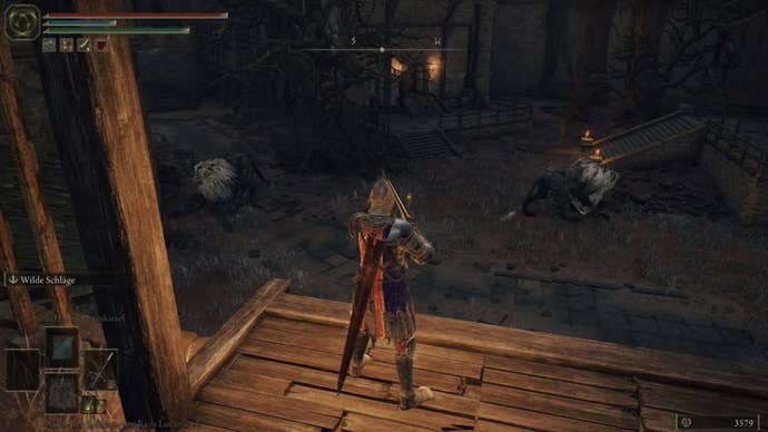 elden ring player on redmane castle ledge looking at two lion guards