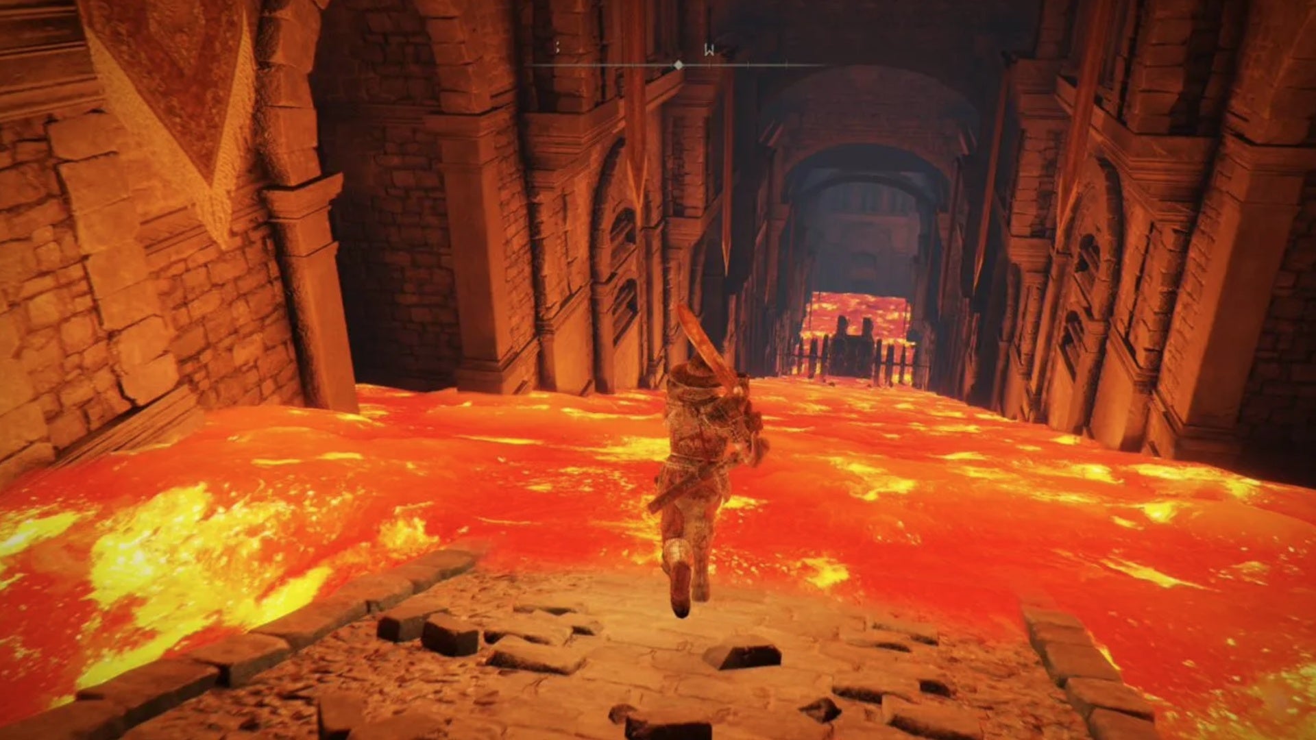 elden ring player running through lava in germir hero&rsquo;s grave