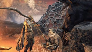 elden ring player speaking to a merchant sitting down by a dark horse