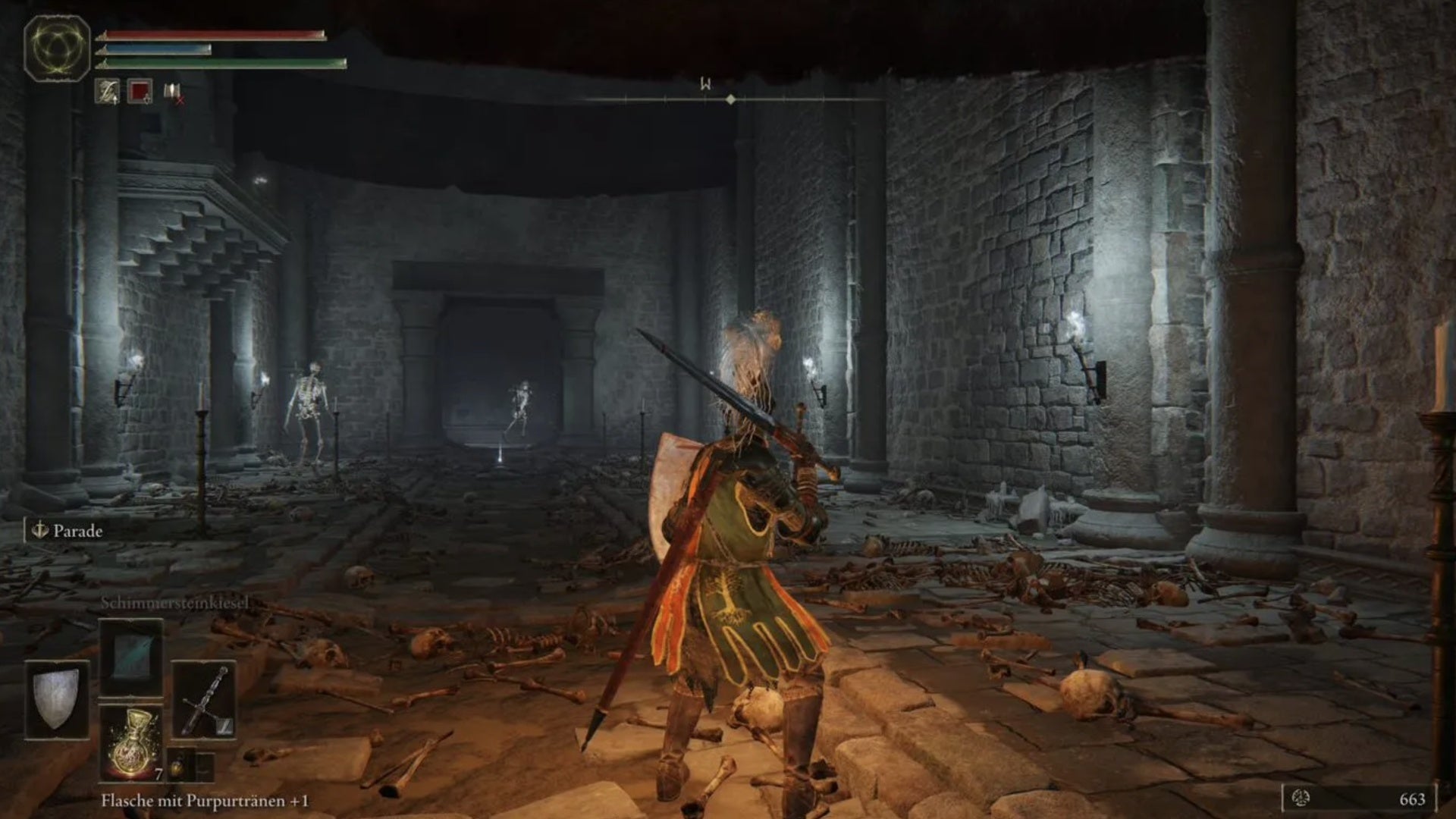 elden ring player standing in hall with skeleton enemies in black knife catacombs