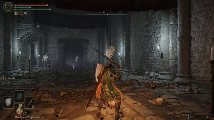 elden ring player standing in hall with skeleton enemies in black knife catacombs