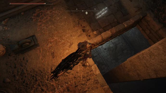 elden ring player standing on ledge looking down in minor erdtree catacombs