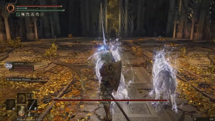 Elden Ring player uses bell to summon wolves while staring at Morgott near the Erdtree