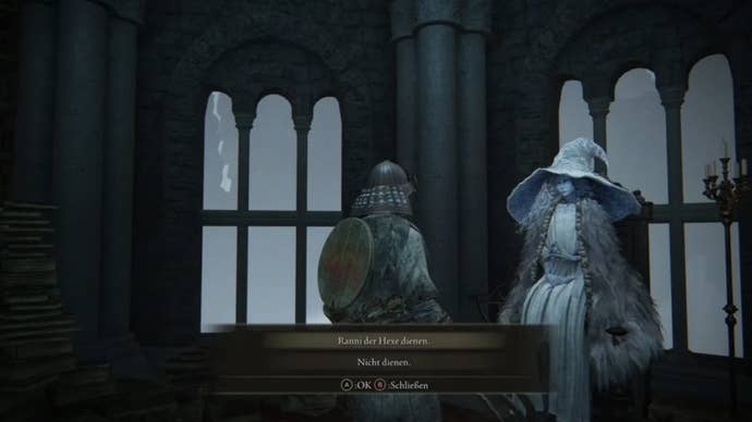 elden ring player talking to ranni by big windows