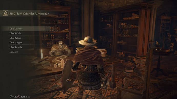 elden ring player talking to sir gideon at the roundtable hold