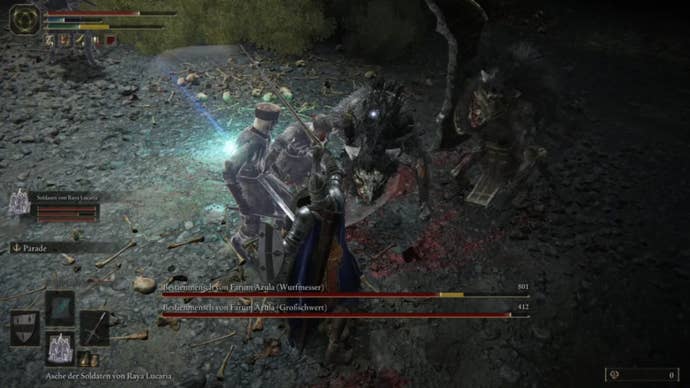 elden ring player vs beastmen of farum azula duo in dragonbarrow cave