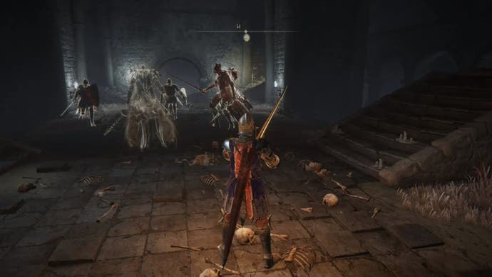 elden ring player watching knights fight in war dead catacombs