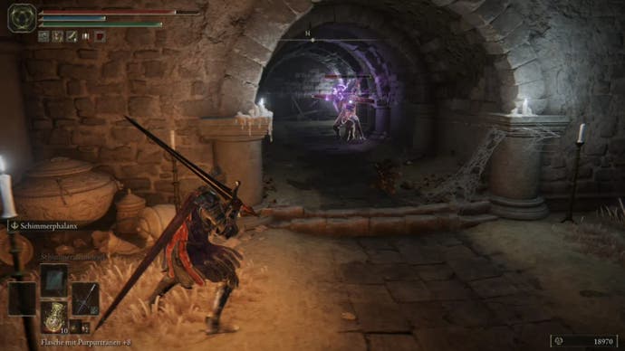 elden ring player watching more knights fight from the corner of a catacomb