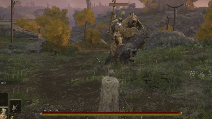 The player in Elden Ring faces off against the Tree Sentinel in Limgrave.