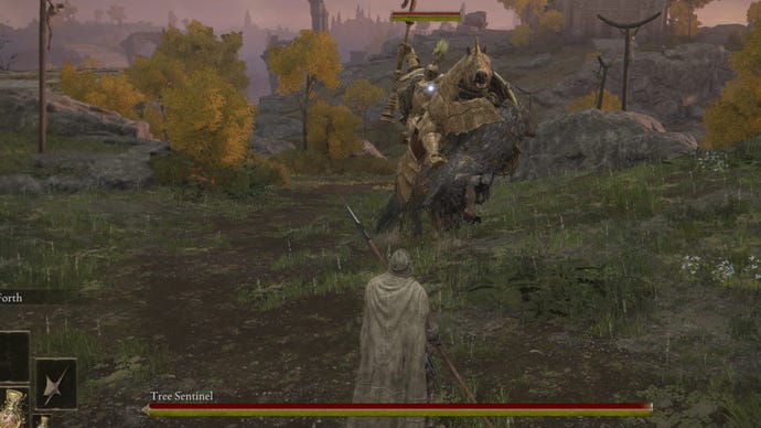 The player in Elden Ring faces off against the Tree Sentinel in Limgrave.