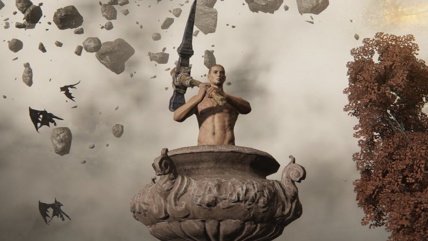 A Tarnished looking like Getting Over It’s pot man in an Elden Ring screenshot by @Lam_taro on Twitter.