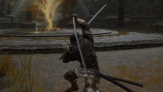 A player in Elden Ring faces the camera while preparing a Power Stance attack wielding dual katanas.