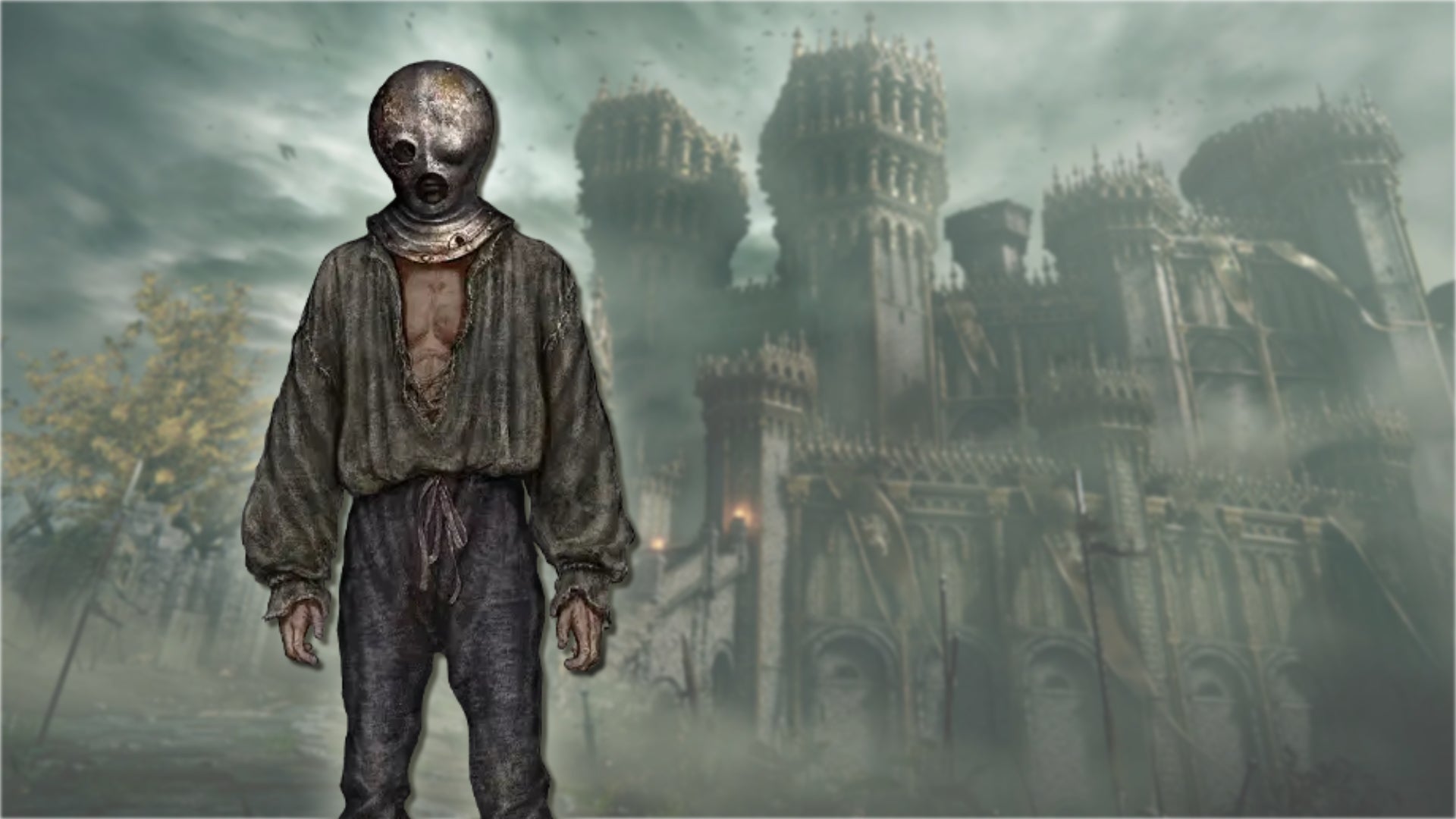 A portrait of the Prisoner class in Elden Ring, against a gothic castle backdrop. - 11