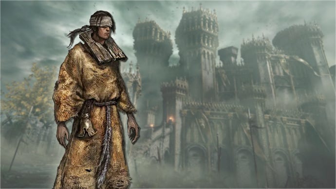 A portrait of the Prophet class in Elden Ring, against a gothic castle backdrop.