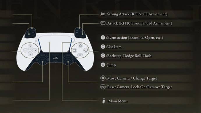 Part of the settings menu of Elden Ring with the PS4 and PS5 Controller UI mod enabled, showing the game’s controls on a PS5 controller.