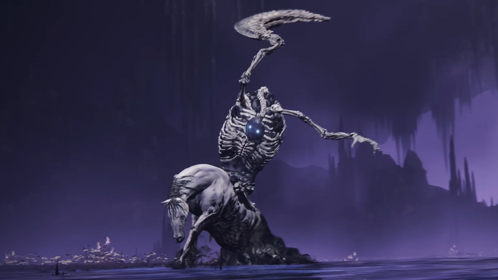 The Putrescent Knight boss in Elden Ring: Shadow Of The Erdtree stretches up to catch its boomerang weapon from its horse. - 12