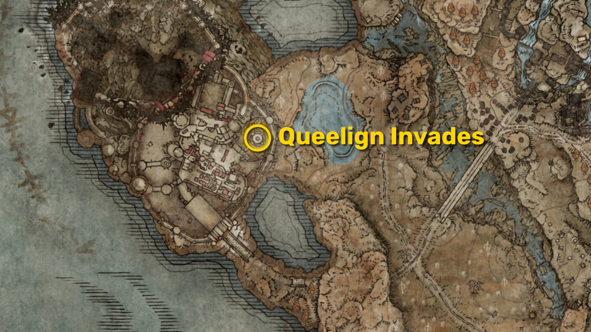 Part of the map of Elden Ring: Shadow Of The Erdtree centred around Belurat, with the location of Queelign's invasion marked in yellow. - 3