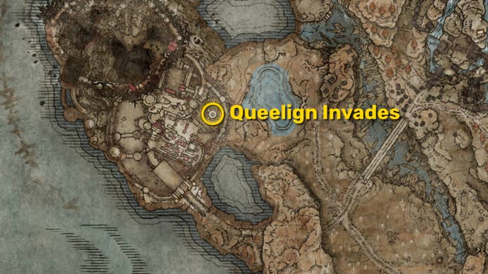 Part of the map of Elden Ring: Shadow Of The Erdtree centred around Belurat, with the location of Queelign’s invasion marked in yellow.