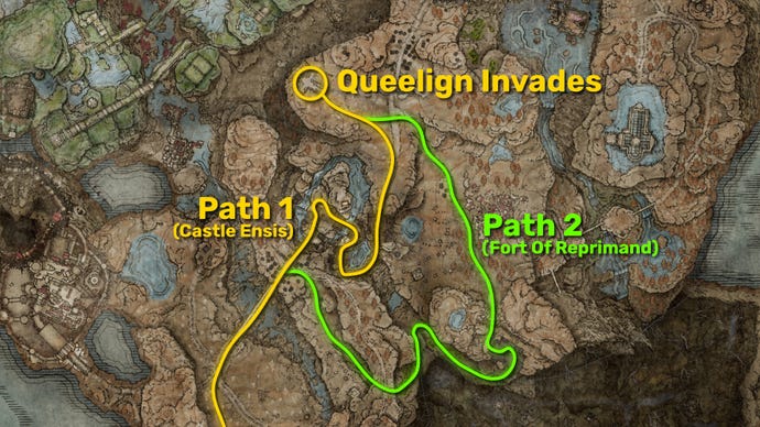Part of the Elden Ring: Shadow Of The Erdtree map, with the location of Queelign's invasion at the Church Of The Crusade highlighted.  One path to get there is marked in yellow, while another path is marked in green.