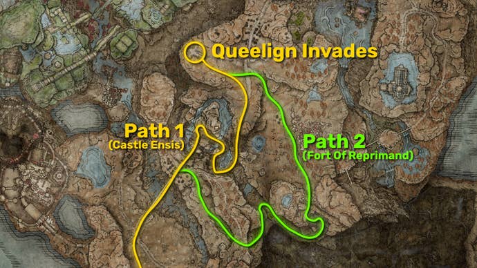 Part of the Elden Ring: Shadow Of The Erdtree map, with the location of Queelign’s invasion at the Church Of The Crusade highlighted. One path to get there is marked in yellow, while another path is marked in green.