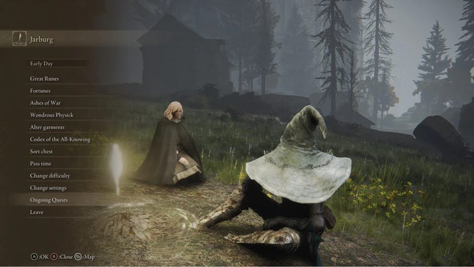 The player in Elden Ring sits by a Site Of Grace with Melina and uses the menu to open their quest log.