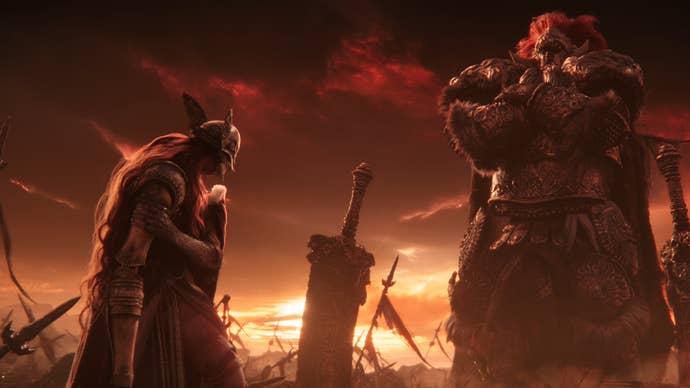 Elden Ring promo art of Starscourge Radahn and Malenia.