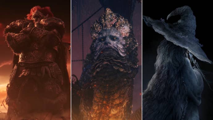 Three Elden Ring screenshots stitched together, showing close-ups of Radahn, Rykard, and Ranni.