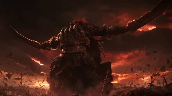 General Radahn wields his two greatswords against Malenia in the Elden Ring story trailer.